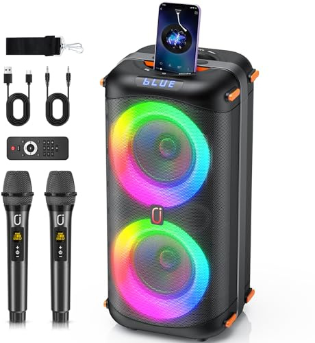 HWWR Karaoke Maschine, Tragbarer Bluetooth-Lautsprecher mit 2 drahtlosen Mikrofonen für Erwachsene, Karaoke Box PA-System mit Disco-Lichtern für große Party, Outdoor, unterstützt TF/USB, FM, Rec, AUX