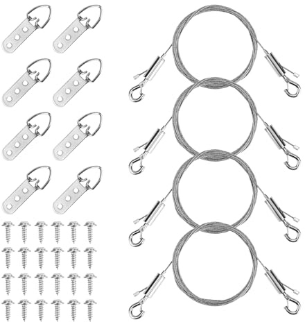 36pz Kit di Fili per Appendere Quadri Resistenti, 4pz Fili Regolabili con Ganci 8pz Anelli a D e 24pz Viti per Quadri su Tela Specchi Cornici Arte Murale Capacità 23kg