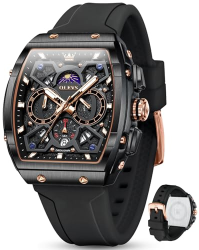 OLEVS Black Watches for Men Luxury Silicone Strap Dress Mens Watch Waterproof Chronograph Square Black Men's Wrist Watches Multifunctional Casual Moon Phase Skeleton Watch Reloj para Hombre