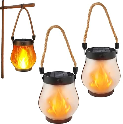 Solarlampen FüR AußEn Garten, Solarlaterne mit flackernder Flamme, wasserdicht, Solarlaterne zum Aufhängen aus Hanfseil, dekorative Laternen mit Ein-Tasten-Schalter, für Terrasse, Veranda, Garten (2)
