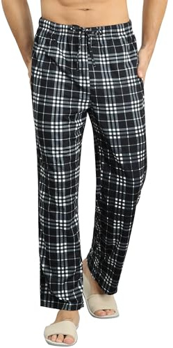 Ekouaer Pyjamasbyxor för män, rutiga pyjamasbyxor med ficka, rutiga byxor för män, knappförsedda loungebyxor, sovkläder, nattplagg, pyjamas, S-3XL, Svart ruta, XL