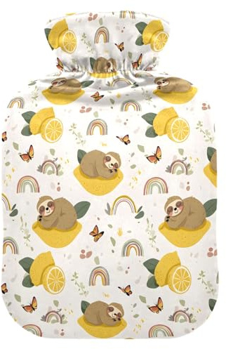 Wärmflasche, 2 l, großer Wärmbeutel mit weichem Plüschbezug, Faultier, Zitrone, Regenbogen, auslaufsicherer Schraubverschluss, ideal für Wintersport, Outdoor, Rücken, Nacken und Bein, kalte