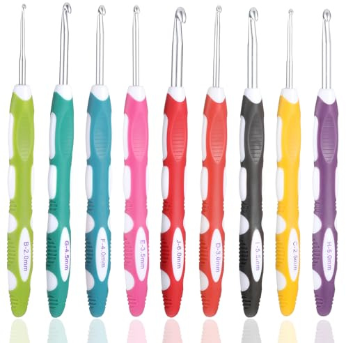 cobee Juego de 9 agujas de ganchillo, agujas de ganchillo de 2 mm/2,5 mm/3 mm, 3,5 mm/4 mm/4,5 mm/5 mm/5,5 mm, 6 mm, juego de ganchillo de goma suave para principiantes y amantes del ganchillo