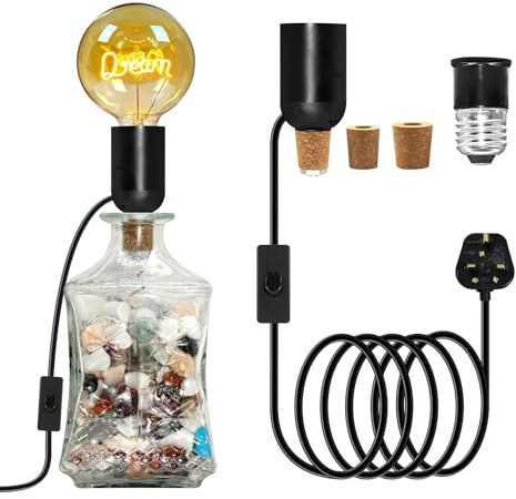 ZRLXFM E27 Lamp Socket for Bottles, Bottle Light Kit with Switch and B22 Adapter, Includes 3 Sizes of Stoppers, Pebble Decoration Supported, Universal DIY Kit for Various Vessels