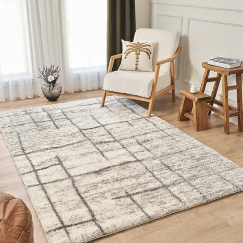 Ruglenza Shaggy Rugs Living Room 160x230 cm Cream & Dark Grey - Fluffy Dual Colour High Pile Carpet, Modern Area Rug, Easy to Clean, Cozy Stylish Floor Rug