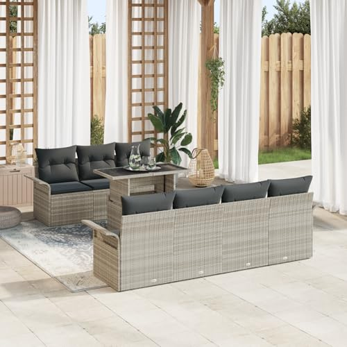 IBUQDDV 8-TLG. Garten-Sofagarnitur mit Kissen Hellgrau Poly Rattan, 8-teiliges Sofa Set für Balkon Terrasse Garten, wetterfeste Sitzgruppe für sechs Personen mit Polsterauflagen,