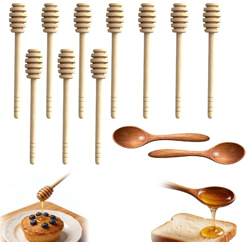 SHIQUAN 12 Stück Honiglöffel aus Holz, Zwei Stile, 14 und 16CM | Natürliches Holz, lange Lebensdauer, sicher und geruchlos, für Honig, Sirup, Schokolade