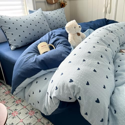 Lanqinglv Bettwäsche 135x200 Seersucker Blau Herzen,Kinderbettwäsche | Mädchen Bettwäsche für Allergiker,ÖKO-TEX Bettbezug mit Reißverschluss und 1 Kissenbezug 80x80,4 Jahreszeiten,aus Microfaser