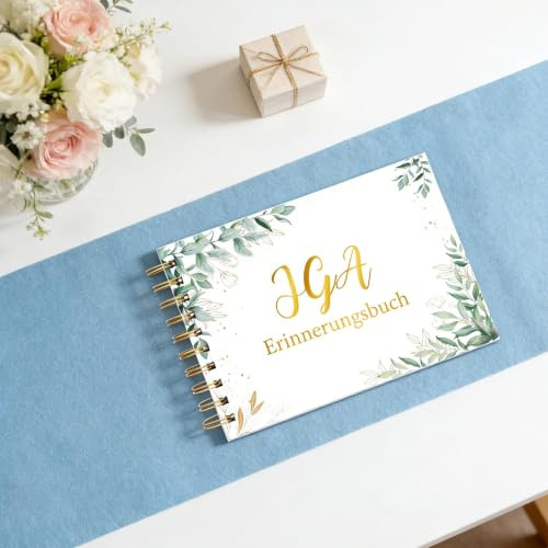 WEDNOK JGA Gästebuch mit Gold & Blattdekor & Vliesstoff Tischläufer 30cm x 25m Rauchblau Set für Junggesellenabschied & Feier (Varianten 1)