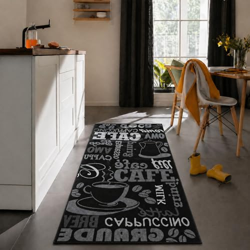 VIMODA Küchenteppich Teppichläufer Coffee Design Modern Kaffee Muster in Schwarz ideal für die Lounge oder Küche,Maße:160x220 cm