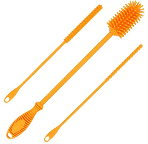 Kitchiny Silicone Bottle Brush with 2 Straw Cleaners - 12.5” Water Bottle Cleaner Brush for Yeti, Hydro Flask, Owala, Stanley, Baby Bottles, Glassware, Vases & Narrow Neck Containers - Orange