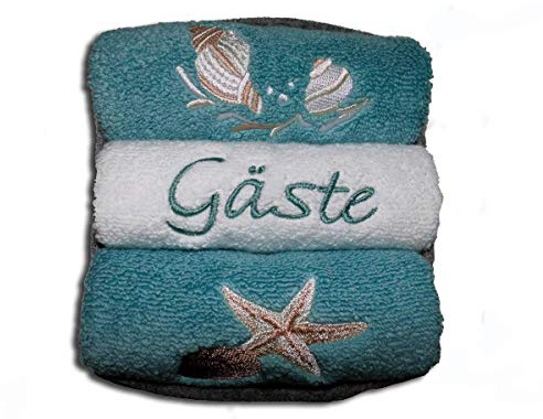 Bestickte Maritime Gästehandtücher 3er-Set Seestern-Motiv, Muschel-Motiv | personalisiert mit Monogramm, in einer Filzbox