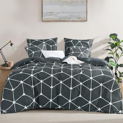 RUIKASI Bettwäsche 200x200 3 teilig Anthrazit - Bettbezug 200 x 200 Set mit Geometrie Muster, Bettwäsche-Set 2x2m aus Mikrofaser mit Reißverschluss Weich und Bügelfrei