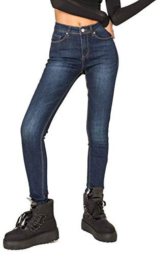 Nina Carter P076 dam skinny fit jeans hög midja jeans push-up stretch använd look denim byxor, Mörkblå (P076-2b), L (Smal)