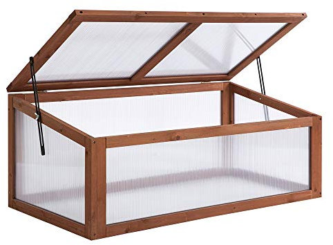 Outsunny Wooden Cold Frame, Small Polycarbonate Greenhouse for Plants with Openable & Tilted Top Cover, Brown, 100 x 65 x 40cm
