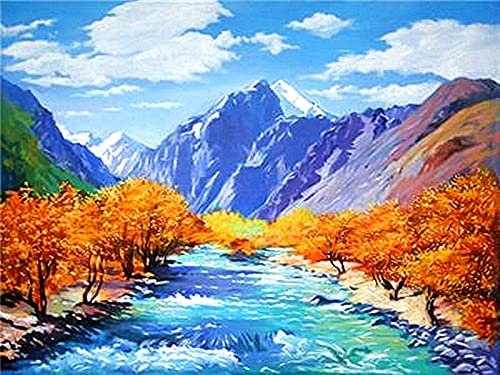 YEESAM ART Kunstbedarf Berg Fluss Schwacher Gelb Baum, Malen nach Zahlen Erwachsene 16x20 Zoll DIY Ölgemälde Zahlenmalerei Öl Wandkunst (Berg, mit Rahmen)