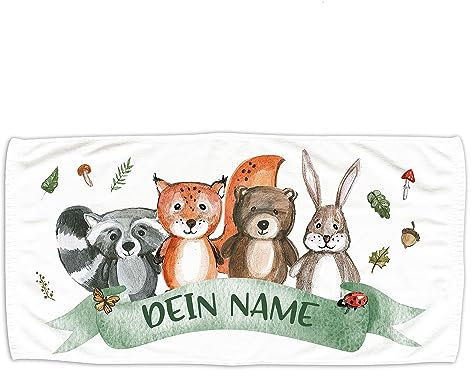 GRAZDesign Kinder Handtuch mit Namen Badetuch für Jungen und Mädchen von 2-10 Jahren Strandtuch 140x70cm Waldtiere Tiermotiv