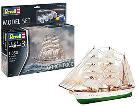 Revell Model Set 65432 Gorch Fock 1:350 Scale Unbuilt/Unpainted Plastic Model Kit with Contacta Professional Glue, Paintbrush & Selected Aqua Color Paints