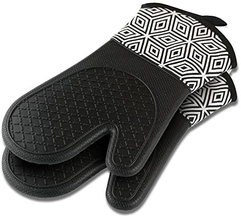 Ocves Oven Gloves Heat Resistant for Cooking BBQ Grilling Baking Microwave, Waterproof Kitchen Silicone Oven Gloves, Extra Long Gloves with Non-Slip Silicone Pattern Oven Mitts (Black)
