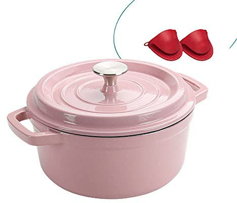 Cast Iron Pot with Lid - Non-Stick Ovenproof Enamelled Casserole Pot - Sturdy Dutch Oven Cookware - 3.8 Liters Enamelled Casserole Dish with Double Loop Handle Pink 24cm