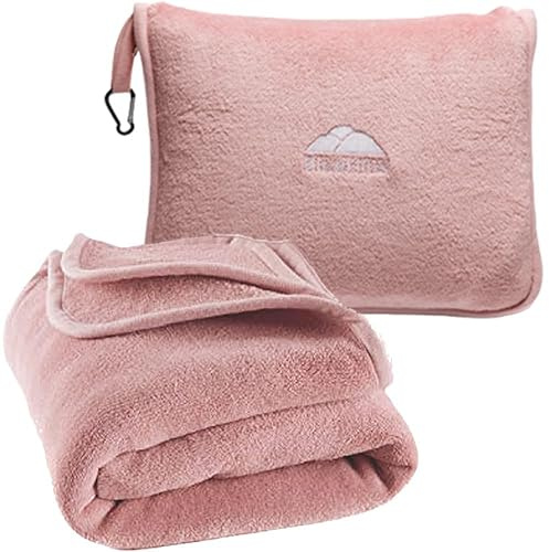 BlueHills Premium Soft Long Travel Blanket Pillow for Tall Airplane Flight Blanket 70 X48 inch Throw in Soft Bag case with Hand Luggage Belt & Backpack Clip Compact Pack Large Blanket Pink T055