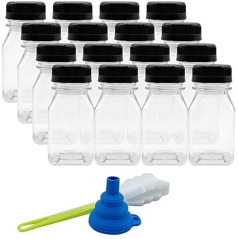 16pcs Plastic Shot Bottles with Lids Funnel & Brush 125ml Juice Bottles | Mini drink bottle, Smoothie milk container, Homemade beverage storage, Fridge-friendly small jar, Max 70°C liquid only