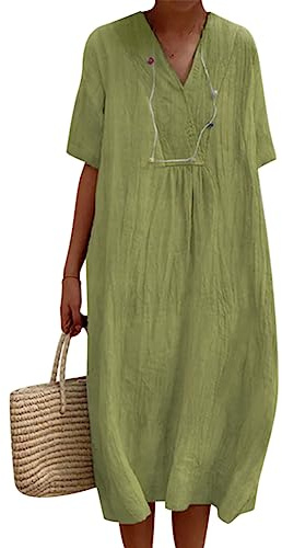 Onsoyours Abito da Spiaggia Donna Estivi Tinta Unita Scollo A V in Lino Manica Corta Casual Dress Elegante A-Line Vestito A Tunica Vestiti A VerdeChiaro S