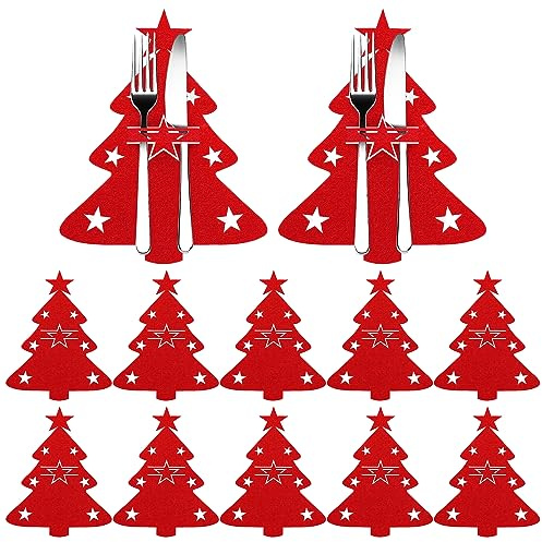 ShnminEU 12 Stück Weihnachten Besteckhalter Filz bestecktasche besteckhalter weihnachten benutzt für tischdeko weihnachten deko weihnachten tisch Party Abendessen Gabel Dekor (Weihnachtsbaum)