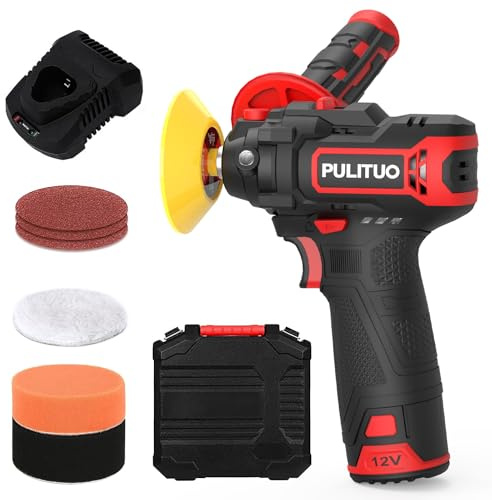 PULITUO Polisher, 12V 2.0Ah Cordless Car Polisher Variable Speed 2600-7800RPM, 75mm Mini Polisher with 3 Sandpapers, 2 Sponges, 1 Wool Pad for Car, Boat, Furniture