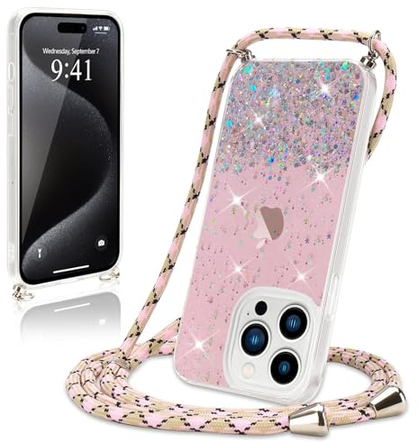 Wirvyuer Cover Compatible con iPhone 15 Pro Max Custodia con Cordino, Rosa | Cover con Cordino Regolabile, Glitter Trasparente Custodia con Collana, Morbido Silicone Antiurto Protettiva Case