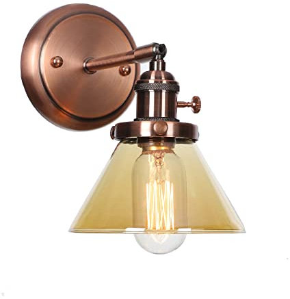 Sconce da parete in rame rosso Semplicità 1 lampada da parete, applique con paralume in vetro a imbuto trasparente/ambrato, lanterna Edison E26 industriale vintage, apparecchio di illuminazione per