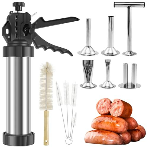 Sausage Stuffer Stainless Steel Sausage Maker Machine Vertical Homemade Sausage Maker with 5 Nozzles 5 Brushes and Meat Pusher Easy to Make Sausage Jerky Maker for Kichen Home