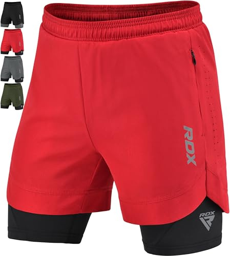 RDX Men’s Running Shorts, 2 in 1 Athletic Breathable Short Compression Liner, 2 Zipper and 2 Phone Pockets, Lightweight Red