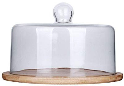 Gewölbte Tortenständer für den Haushalt, aus Glas, für Salate, Desserts, Frischhaltefolie, geriffelte Holzplatte, Gebäck, Brotteller, Bar-Gebäcktablett, Chips- und Dip-Servierplatte, 3 Größen, 18 x 18