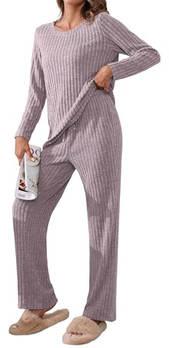 TIANZHU Womens Pajamas Set Casual Ribbed Tops Wide Leg Pants with Pockets 2 Piece Lounge Nightwear Size 8-26