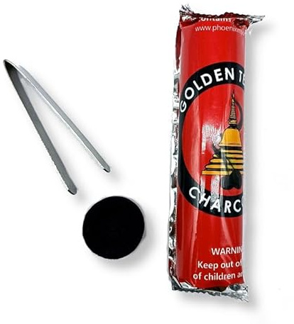 CRIGEMA - Charcoal and Tongs Kit for Incense Grains - 7.5 cm Tongs - Charcoal 3.2 cm Diameter (10)