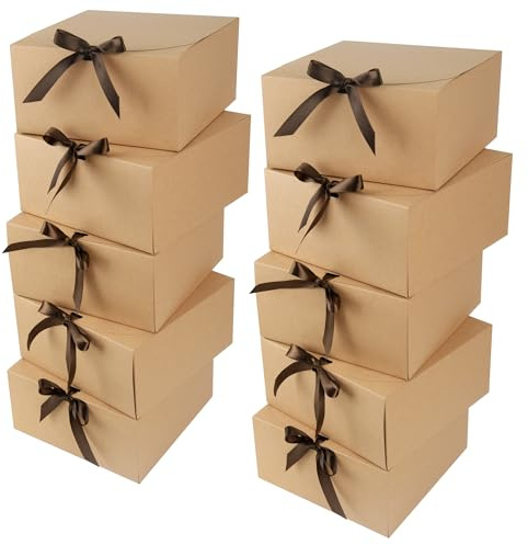 GXFCING Gift Boxes Brown, 10 Pack 20x20x10cm Large Kraft Gift Box with Lid, Bridesmaid Proposal Box for Wedding Birthday Festival Christmas Party Present Packaging