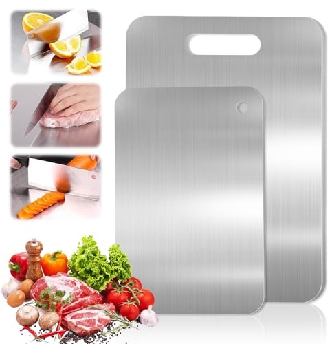 Titanium Chopping Board, 2PCS Cutting Board Set S304 Stainless Steel Chopping Board, Double-Sided Food Grade Cutting Boards for Kitchen Meat Vegetables Fruit, Dishwasher-Safe (29x20cm 34x23cm)