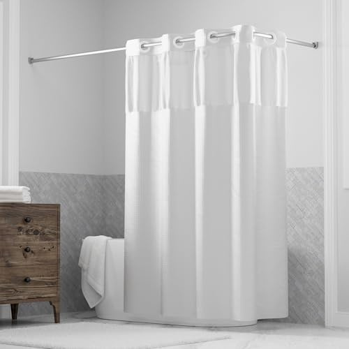 Hookless It’s A Snap! Waffle Shower Curtain, 3-in-1 Curtain Includes Fabric Shower Curtain with Sheer Top Window, Flex-On Rings & Fabric Liner with Magnets, 71” x 74”, White