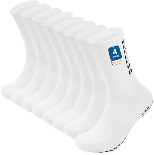 PERMANENTLY001 Grip Fussballsocken Herren Rutschfeste FußballSocken Damen Grip Yoga Socken Pilates gepolstert Anti Rutsch Sportsocken Rugby Handball Tennis Laufen Basketball 42-49 Weiß L 4P