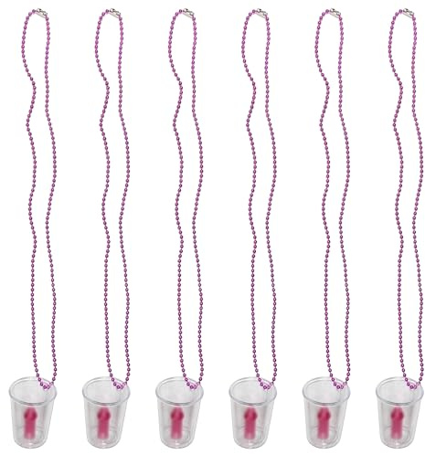 Quickdraw 6 x Hen Party Shot Glasses Necklace – Hen Do Accessories for Bride & Friends – Pink Beaded Necklaces with Clear Shot Glass – Fun for Parties & Girls Nights