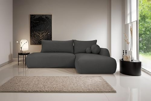 Kaiser Möbel - Ecksofa mit Schlaffunktion und Bettkasten, Schlafsofa mit Bettzeugbehälter, Sofa L Form, Wohnlandschaft, Klappsofa, Bequemes Couch mit Ottomane für Wohnzimmer, FABO, Graphit, Rechts