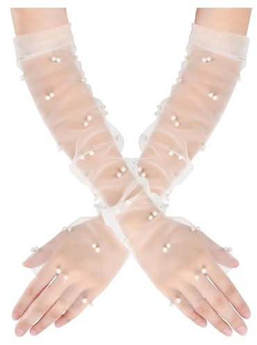 White Long Gloves,Elegant White Long Pearl Lace Gloves for Women Bridal Wedding Tulle Fingerless Sleeves Opera Party Glove Sheer Chiffon Glove for Formal Events and Costume Parties