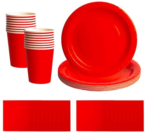 52-teiliges rotes Einweggeschirr-Set – 20 Papierservietten, 16 Becher, 16 Pappteller, 17,8 cm, biologisch abbaubar, einfarbig, rotes Geschirr für Geburtstage, Hochzeiten, Kinder und Erwachsene