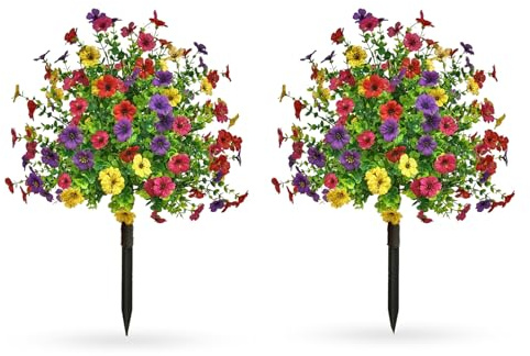 2 Pack Artificial Topiary Ball Trees with Flowers 60cm Decorative Faux Boxwood Topiary Plant with Ground Spike Fake Greenery Shrubs Plants for Outdoor Indoor Room Garden Porch Decor