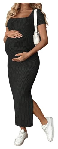 GORGLITTER Women's Maternity Dress Rib Knit Square Neck Short Sleeve Split Stretchy Bodycon Maxi Pregnancy Dresses Black Medium