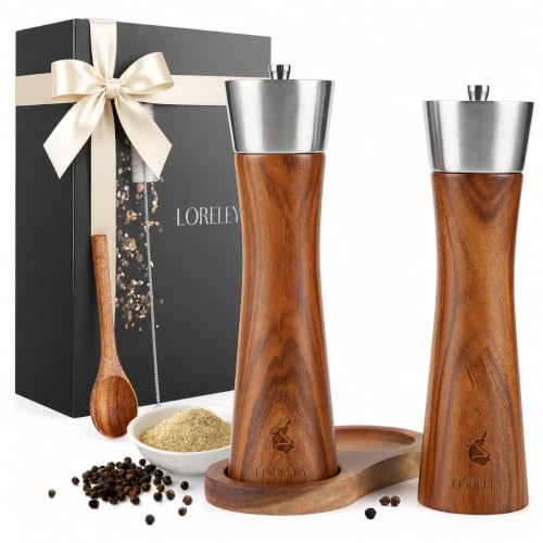 LORELEY® MITTELRHEIN Germany Salz- & Pfeffermühle aus Holz mit Keramikmahlwerk – inkl. Untersetzer & Pinsel – Gewürzmühle in Geschenkbox – Geschenk zur Hochzeit | Einweihung (Premium Edelstahl)