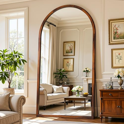 Full Length Mirror 76×41 Floor Mirror Standing Tall Mirror, Arched Stand up Large Wall Mirrors, Freestanding Full Body Mirrors for Bedroom Living Room Wood Antique Style Walnut