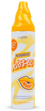 I Love Cosmetics Breakfast Club, Meringue Kisses vispad duschskum 250 ml och hjärtformad våffelkroppssvamp, fluffigt lödder, mjuk polering, presentset för duschtvål för kvinnor och flickor