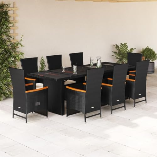 QJBSAVVA 9-TLG. Schwarze Gartenmöbel Set 240x90 cm Glas-Esstisch & 8 Rattan-Sessel verstellbare Rückenlehne dick gepolsterte Kissen für Balkon Terrasse und Garten